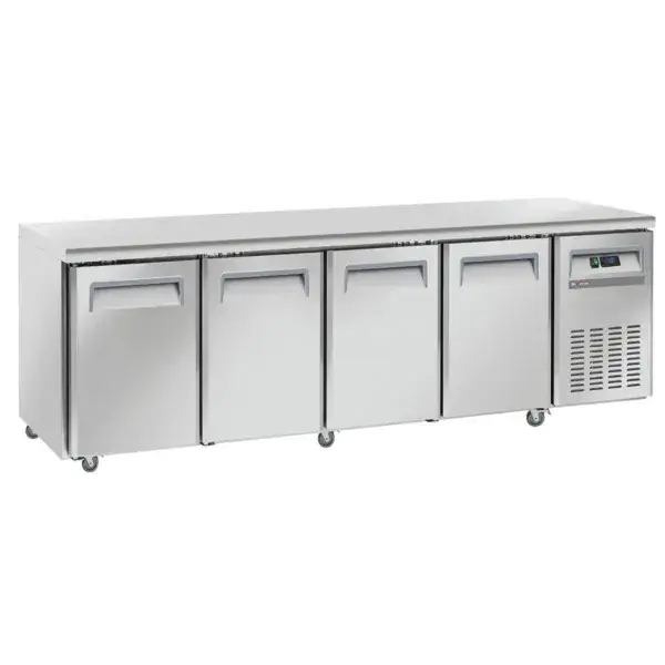 Fabrieksprijs Koeltafel, geventileerd, 4 deuren gn 1/1, op wielen, 2 met remmen