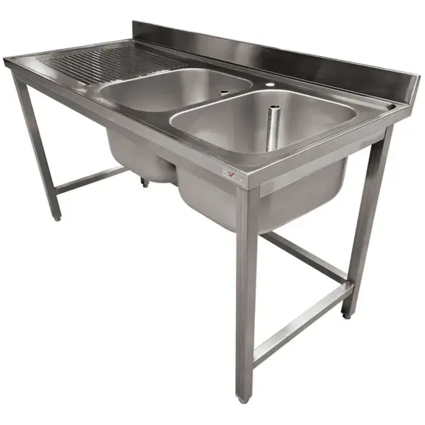 Rvs spoeltafel eco met 2 kuipen en links druipvlak, zonder onderblad Aanbieding