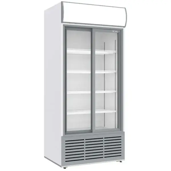 Hoge Kwaliteit Vitrinekast positieve geventileerd, 783 liter, 2 schuifdeuren, met lichtbak, wit