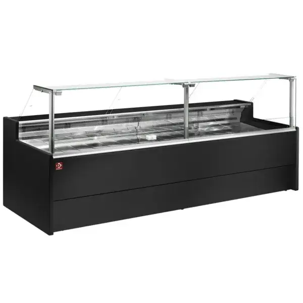 Populair Geventileerde gekoelde vitrinetoonbank- met recht frontglas 90° met reserve - zwart