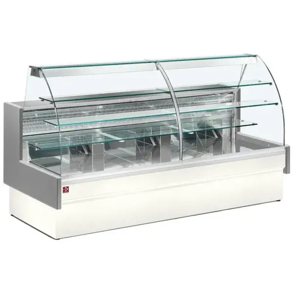 Lage Prijs Gekoelde vitrinetoonbank, statisch,ladensysteem, zonder reserve - grijs/wit