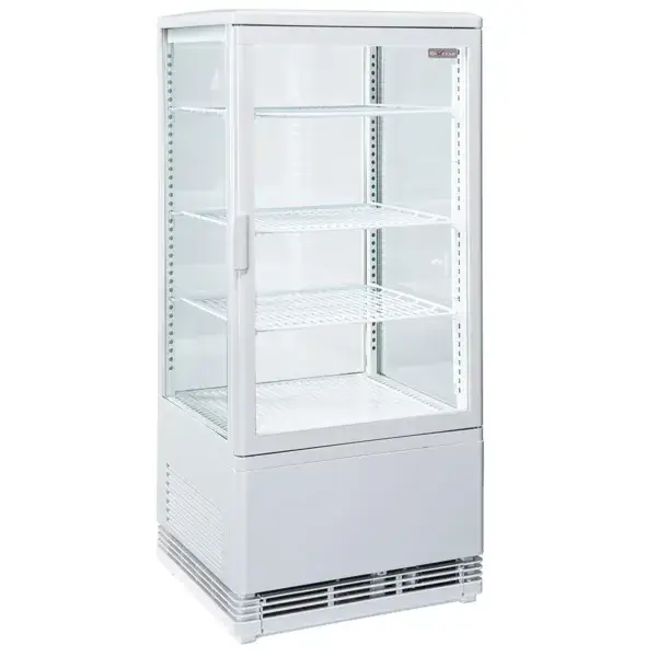Vitrine tafelmodel geventileerd, 4 niveaus, 4 glazen zijden, 80 liter - wit Direct Beschikbaar