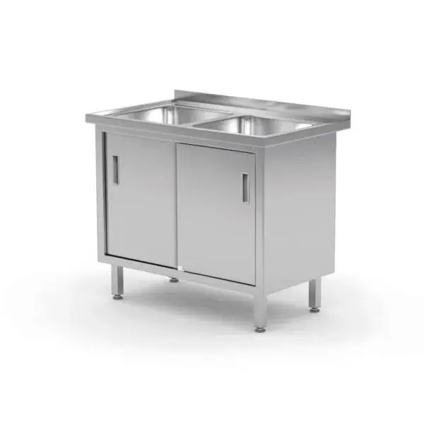 Gereduceerde Prijs Tafel met 2 spoelbakken, kast – gelast, met schuifdeuren, hendi, profi line, 1000x600x(h)850mm