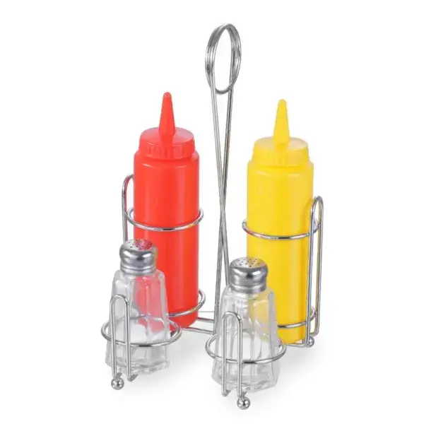 Hendi menage verchroomd ijzer met 2 glazen strooiers 60 ml en 2 polyethyleen knijpflessen 148x140x250 mm Betaalbaar