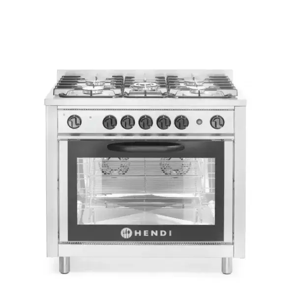 Hendi gasfornuis Kitchen Line 5 pits 14,3 kW met elektrische oven 230V RVS 900x653x900mm Voordeelprijs