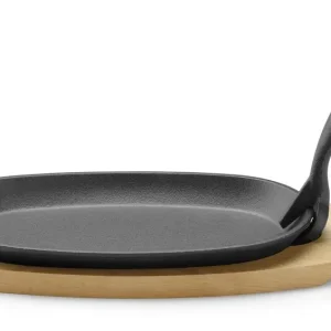Gietijzeren schaal met houten onderlegger en greep, HENDI, Zwart, 280x140x(H)30mm Must-Have