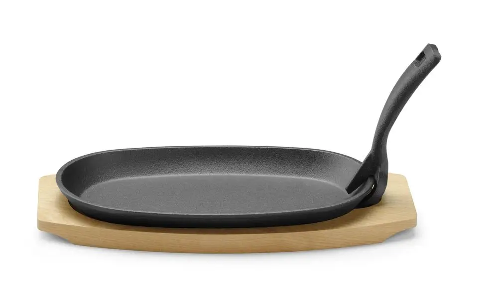 Gietijzeren schaal met houten onderlegger en greep, HENDI, Zwart, 280x140x(H)30mm Must-Have