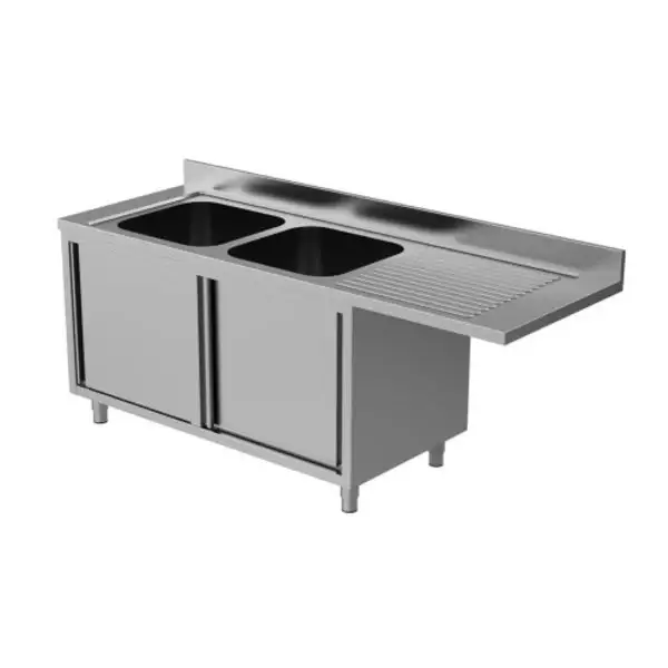 Unninox RVS Spoeltafel | Vaatwasser Ruimte Rechts | Achter Rand | Schuifdeuren + 2 Spoelbakken | 1600x700x850(h)mm Populair