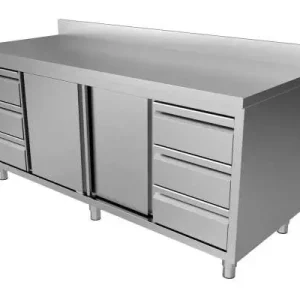 Uitverkoop Unninox RVS Werktafel | 3L+3r Laden En Schuifdeuren 1/1 GN | Achter Rand | 1800x700x850/900mm