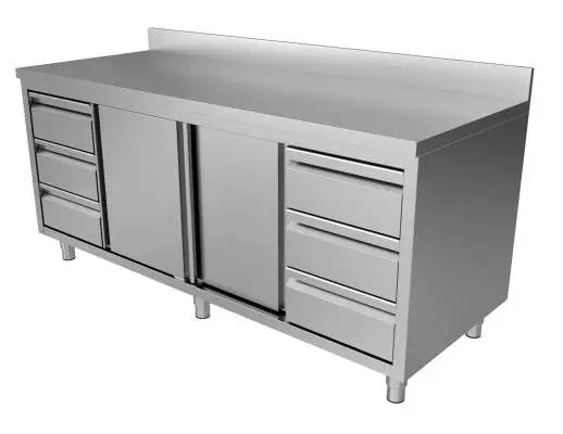 Uitverkoop Unninox RVS Werktafel | 3L+3r Laden En Schuifdeuren 1/1 GN | Achter Rand | 1800x700x850/900mm