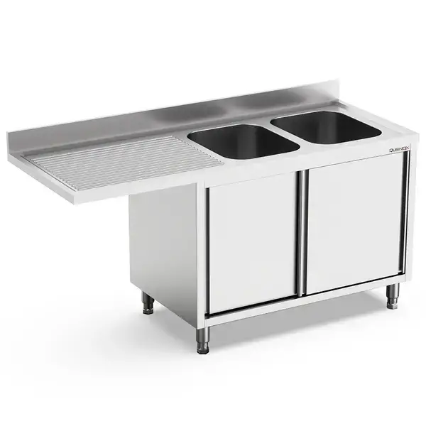 Fabrieksprijs Qusinox Spoeltafel | 700 LINE | RVS | 2 Spoelbakken Rechts + Afdruipvlak | Schuifdeuren + Voorlader | Achter Rand | 1600x700x900/1000mm