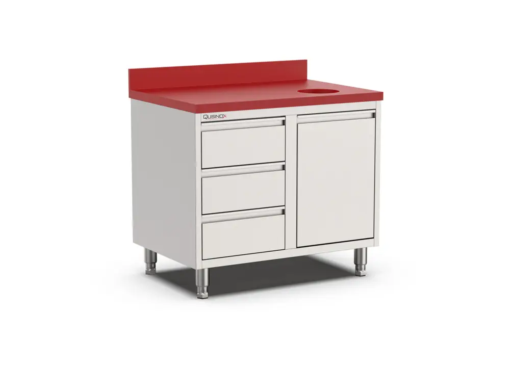 Beperkt Aanbod Qusinox Snijwerkbank | 700 LINE | RVS/Polyethyleen | Kanteldeur + Laden Links | Afvalgat | Achterrand | 1000x700x900mm
