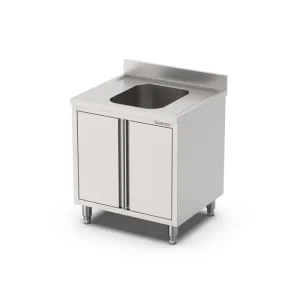 Qusinox Spoeltafel | 700 LINE | RVS | 1 Spoelbak | Draaideuren | Achter Rand | 700x700x900/1000mm Hoge Kwaliteit