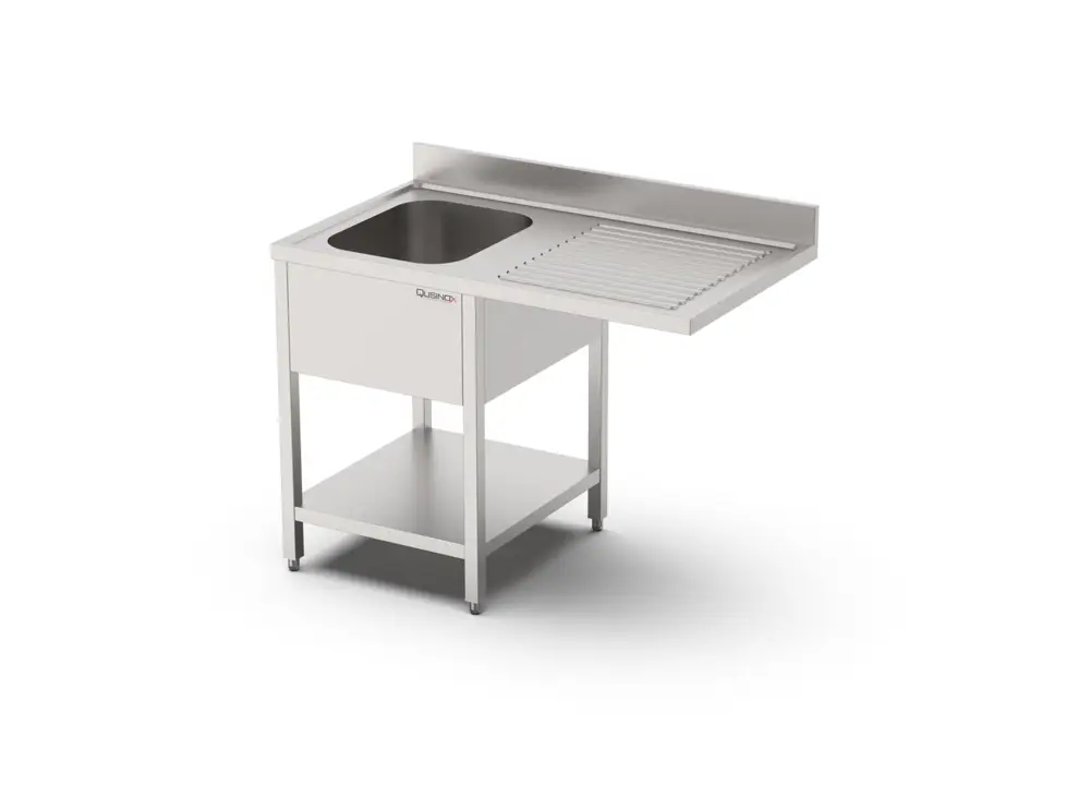 Qusinox Spoeltafel | 700 LINE | RVS | 1 Spoelbak Links + Afdruipvlak | Bodemschap + Voorlader | Achter Rand | Demontabel | 1400x700x900/1000mm Lage Prijs