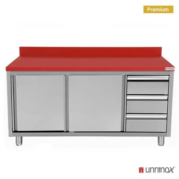 Unninox Snijwerktafel | RVS/Polyethyleen | Schuifdeuren + Laden Rechts | Achter Rand | 1200x700x850mm Laatste Versie