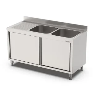 Qusinox Spoeltafel | 700 LINE | RVS | 1 Spoelbak Links + Afdruipvlak | Schuifdeuren | Achter Rand | 1200x700x900/1000mm Gratis Retour