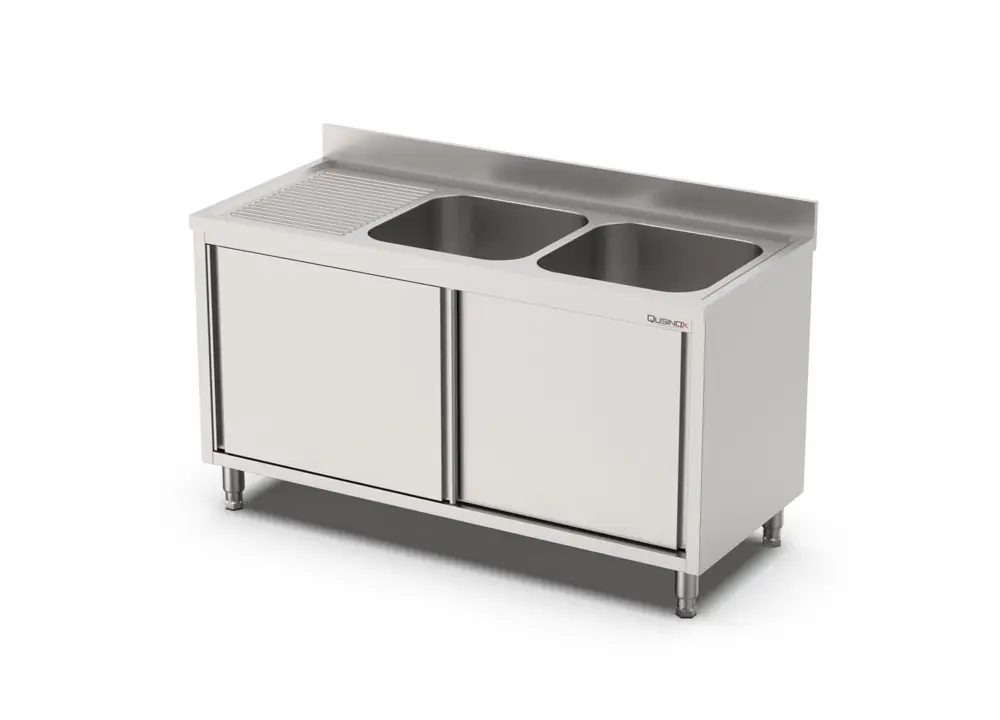 Qusinox Spoeltafel | 700 LINE | RVS | 1 Spoelbak Links + Afdruipvlak | Schuifdeuren | Achter Rand | 1200x700x900/1000mm Gratis Retour