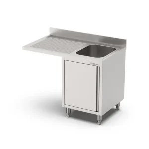 Qusinox Spoeltafel | 700 LINE | RVS | 1 Spoelbak Rechts + Afdruipvlak | Draaideur + Voorlader | Achter Rand | 1200x700x900/1000mm Dagaanbieding