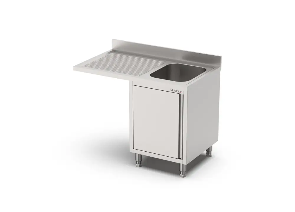 Qusinox Spoeltafel | 700 LINE | RVS | 1 Spoelbak Rechts + Afdruipvlak | Draaideur + Voorlader | Achter Rand | 1200x700x900/1000mm Dagaanbieding