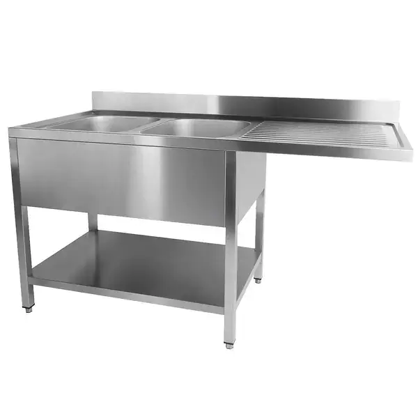 Alleen Vandaag Qusinox Spoeltafel | 700 LINE | RVS | 2 Spoelbakken Links + Afdruipvlak | Bodemschap + Voorlader | Achter Rand | Demontabel | 1800x700x900/1000mm