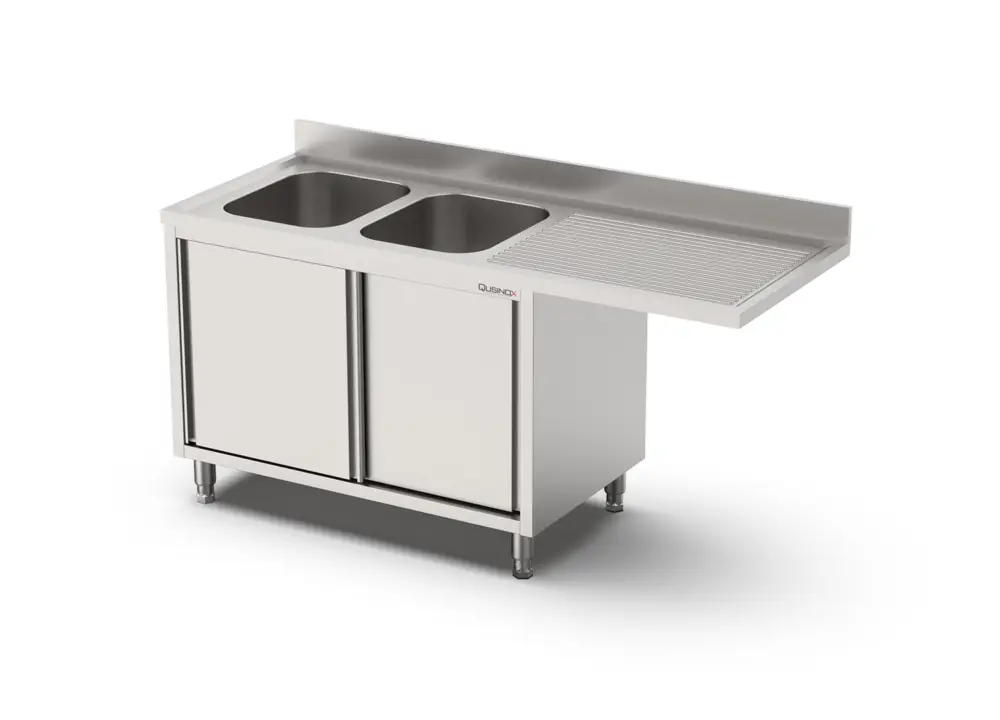 Qusinox Spoeltafel | 700 LINE | RVS | 2 Spoelbakken Links + Afdruipvlak | Schuifdeuren + Voorlader | Achter Rand | 1600x700x900/1000mm Gecertificeerd