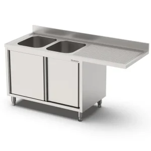 Hoge Kwaliteit Qusinox Spoeltafel | 700 LINE | RVS | 2 Spoelbakken Links + Afdruipvlak | Schuifdeuren + Voorlader | Achter Rand | 1800x700x900/1000mm