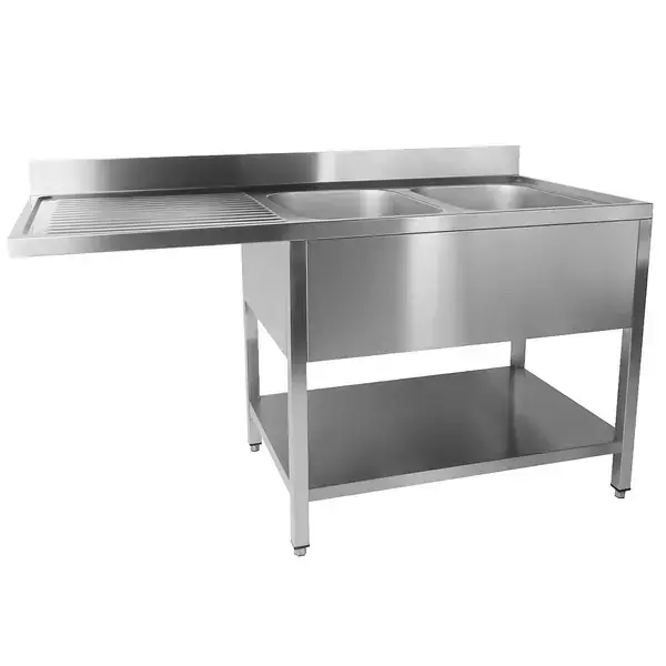 Qusinox Spoeltafel | 700 LINE | RVS | 2 Spoelbakken Rechts + Afdruipvlak | Bodemschap + Voorlader | Achter Rand | Demontabel | 2000x700x900/1000mm Nieuw